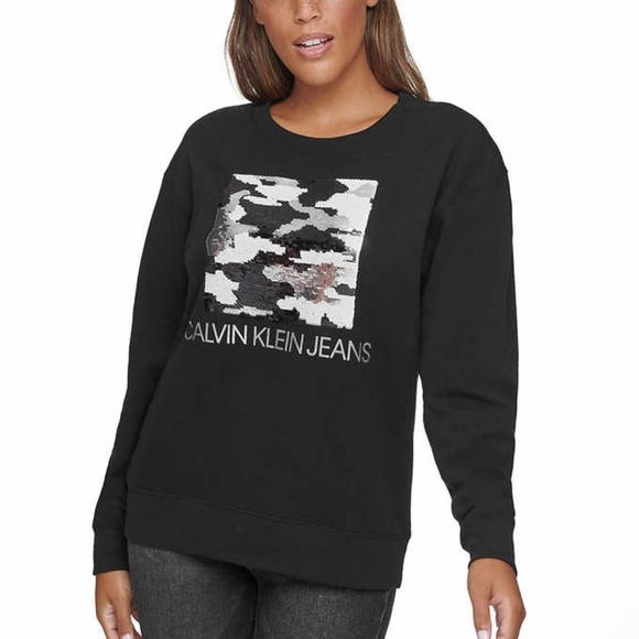 New Calvin Klein Jeans Sequin Sweatshirt  Black - Picture 2 of 14
